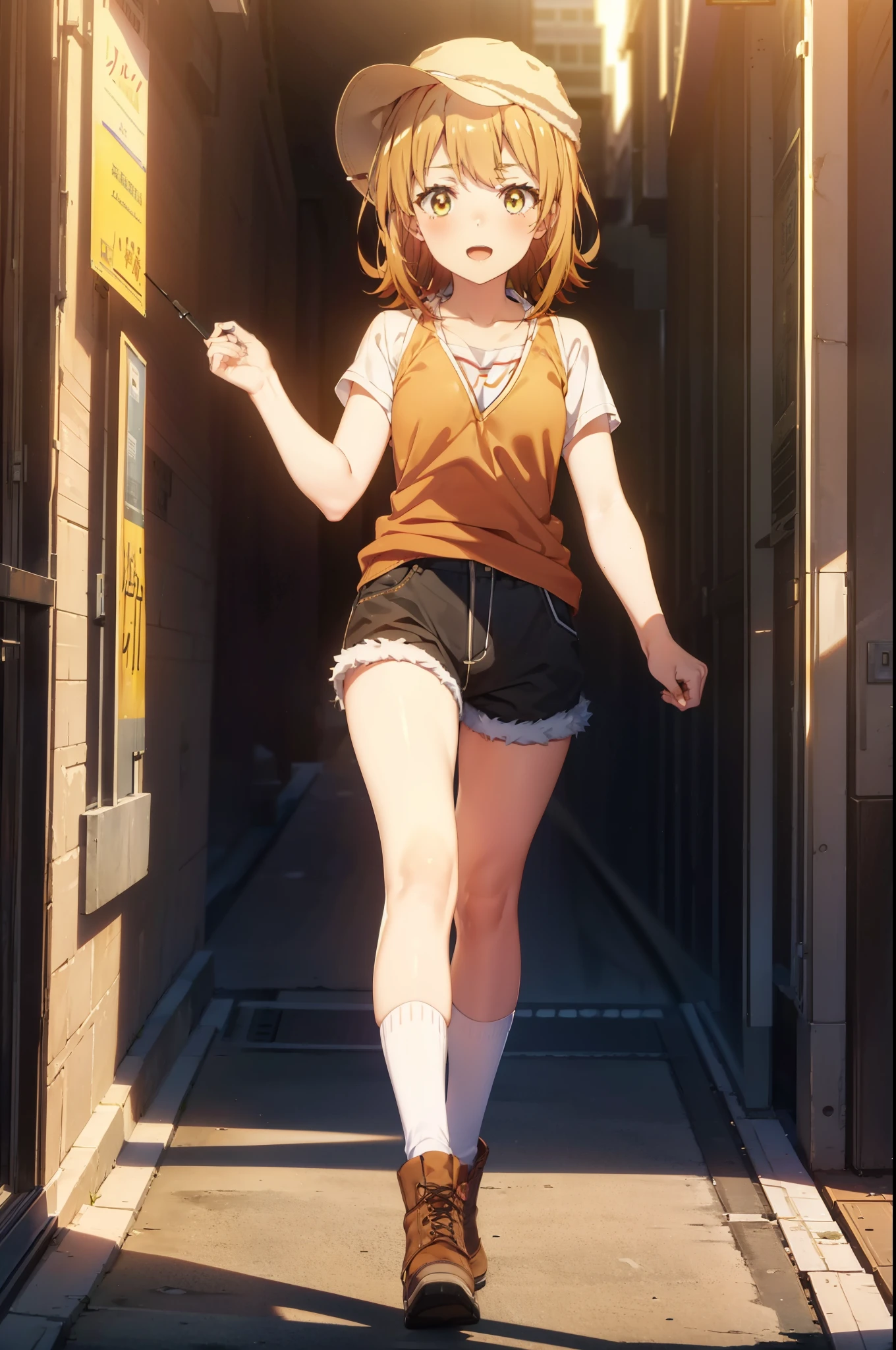 irohaisshiki, iroha isshiki, short hair, Brown Hair, (Brown eyes:1.5), happy smile, smile, Open your mouth,Redhead,Applejack Hat,Red Tank Top Shirt,Black hoodie,Short sleeve,The front is free,Shorts,Black knee socks,short boots,Looking up from below,whole bodyがイラストに入るように,morning,morning陽,The sun is rising,Walking,
break looking at viewer,whole body,
break outdoors, In town,Building district,
break (masterpiece:1.2), highest quality, High resolution, unity 8k wallpaper, (shape:0.8), (Beautiful and beautiful eyes:1.6), Highly detailed face, Perfect lighting, Highly detailed CG, (Perfect hands, Perfect Anatomy),