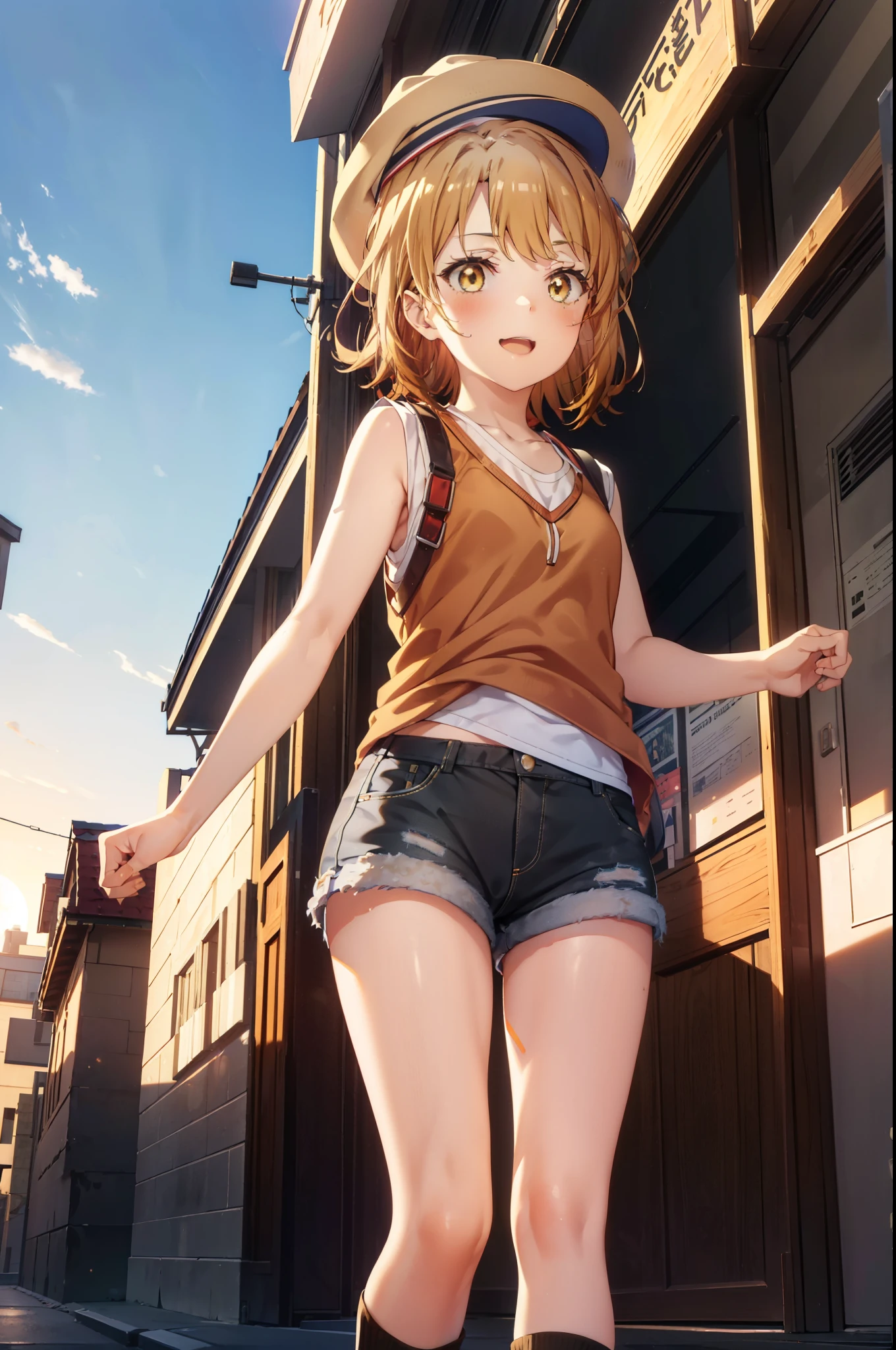 irohaisshiki, iroha isshiki, short hair, Brown Hair, (Brown eyes:1.5), happy smile, smile, Open your mouth,Redhead,Applejack Hat,Red Tank Top Shirt,Black hoodie,Short sleeve,The front is free,Shorts,Black knee socks,short boots,Looking up from below,whole bodyがイラストに入るように,morning,morning陽,The sun is rising,Walking,
break looking at viewer,whole body,
break outdoors, In town,Building district,
break (masterpiece:1.2), highest quality, High resolution, unity 8k wallpaper, (shape:0.8), (Beautiful and beautiful eyes:1.6), Highly detailed face, Perfect lighting, Highly detailed CG, (Perfect hands, Perfect Anatomy),