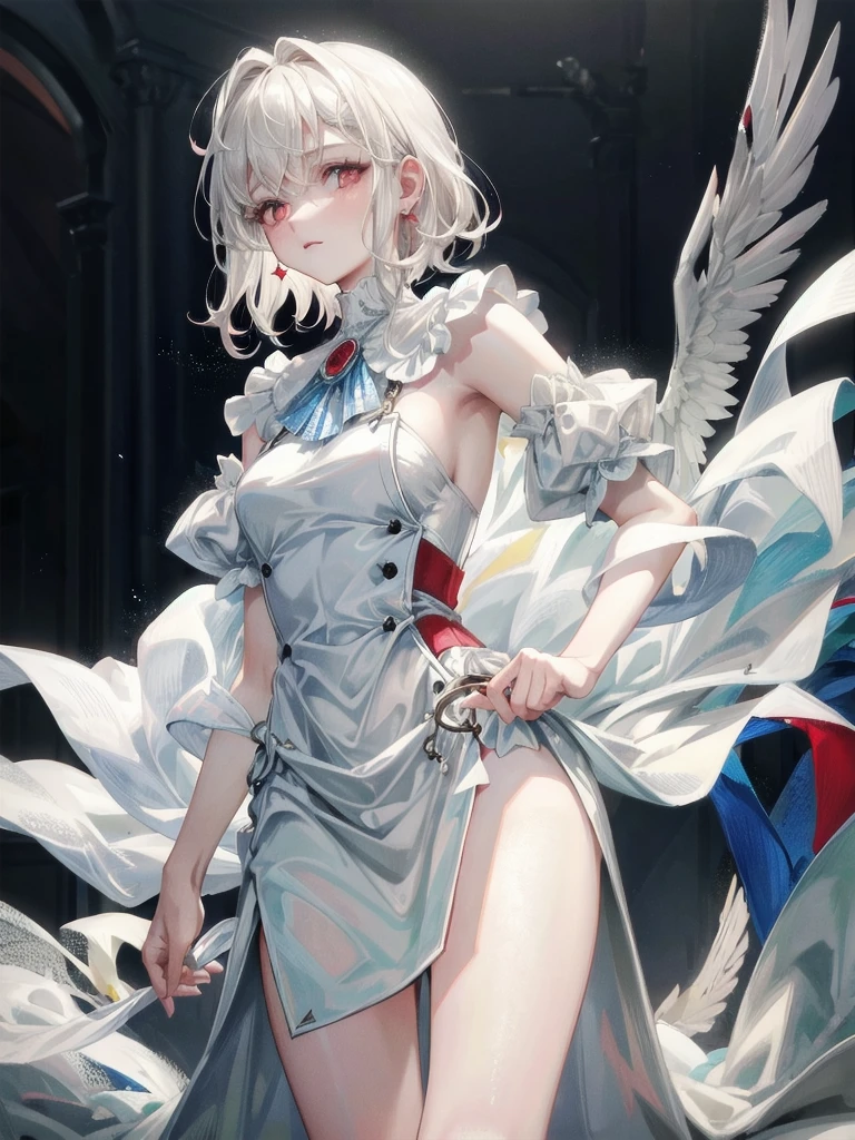 duffle coat, absurdres, RAW photo, extremely delicate and beautiful, masterpiece, Best Quality, ultra high resolution, 32k, hyperrealistic, ultra-detailed, detailed description, pale skin, 20 years old, tearful mole, earring, short medium hair, wavy hair, whole body shot, legs, Red eyes,