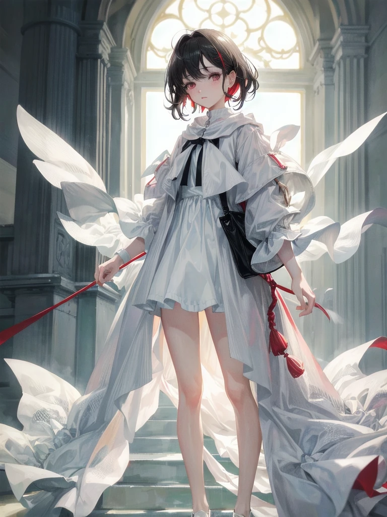 duffle coat, absurdres, RAW photo, extremely delicate and beautiful, masterpiece, Best Quality, ultra high resolution, 32k, hyperrealistic, ultra-detailed, detailed description, pale skin, 20 years old, tearful mole, earring, short medium hair, wavy hair, whole body shot, legs, Red eyes,
