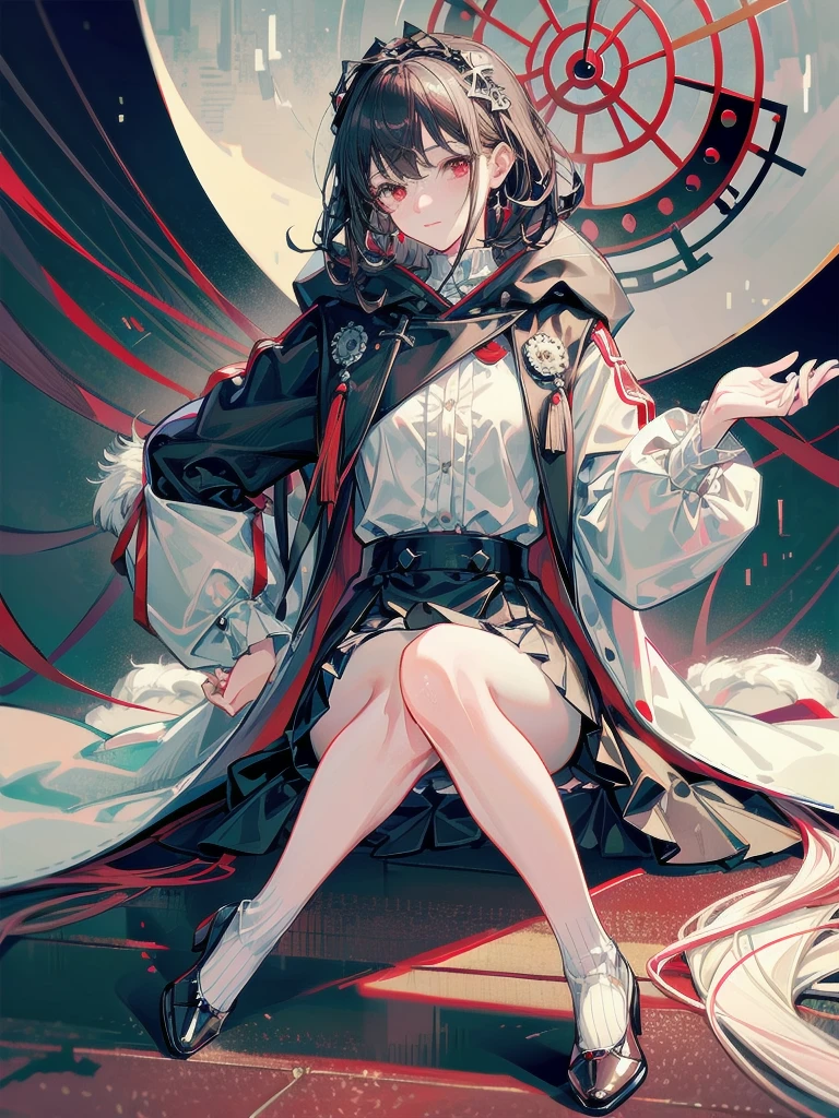 duffle coat, absurdres, RAW photo, extremely delicate and beautiful, masterpiece, Best Quality, ultra high resolution, 32k, hyperrealistic, ultra-detailed, detailed description, pale skin, 20 years old, tearful mole, earring, short medium hair, wavy hair, whole body shot, legs, Red eyes,