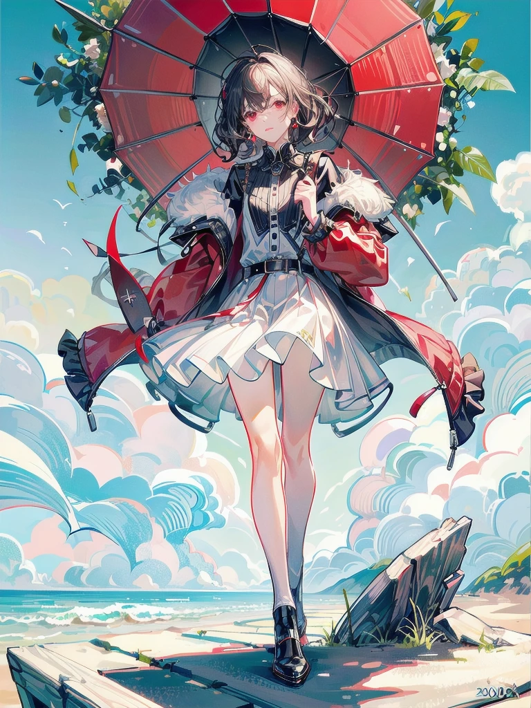 duffle coat, absurdres, RAW photo, extremely delicate and beautiful, masterpiece, Best Quality, ultra high resolution, 32k, hyperrealistic, ultra-detailed, detailed description, pale skin, 20 years old, tearful mole, earring, short medium hair, wavy hair, whole body shot, legs, Red eyes,