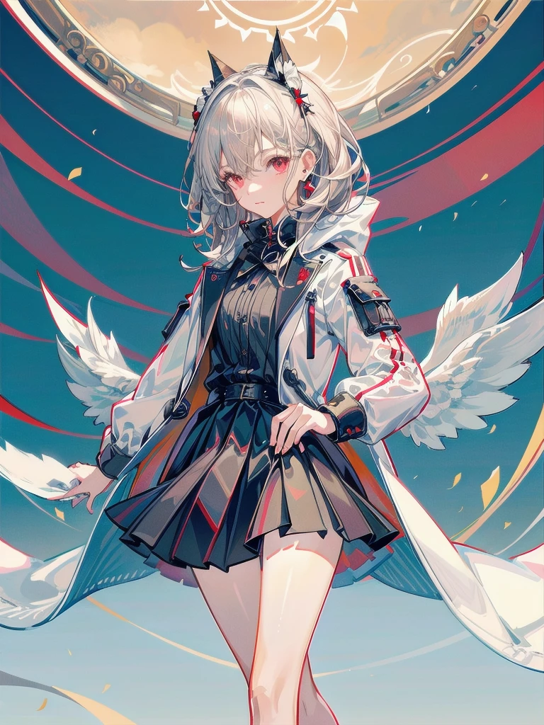 duffle coat, absurdres, RAW photo, extremely delicate and beautiful, masterpiece, Best Quality, ultra high resolution, 32k, hyperrealistic, ultra-detailed, detailed description, pale skin, 20 years old, tearful mole, earring, short medium hair, wavy hair, whole body shot, legs, Red eyes,
