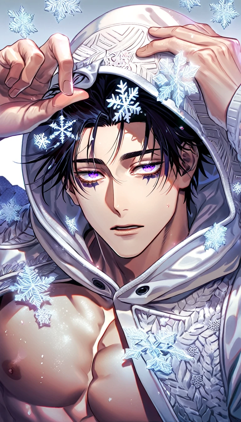 Ultra detailed, Highres, absurdres, HDR, Choso, black hair, expressive purple eyes, white coat with patterns with a hoddie, Jujutsu Kaisen, white flowers, winter, ice, snowflakes, petals, handsome, sexy man, solo, very detailed eyes and face, ice butterflies, master piece, toned chest, glittering
