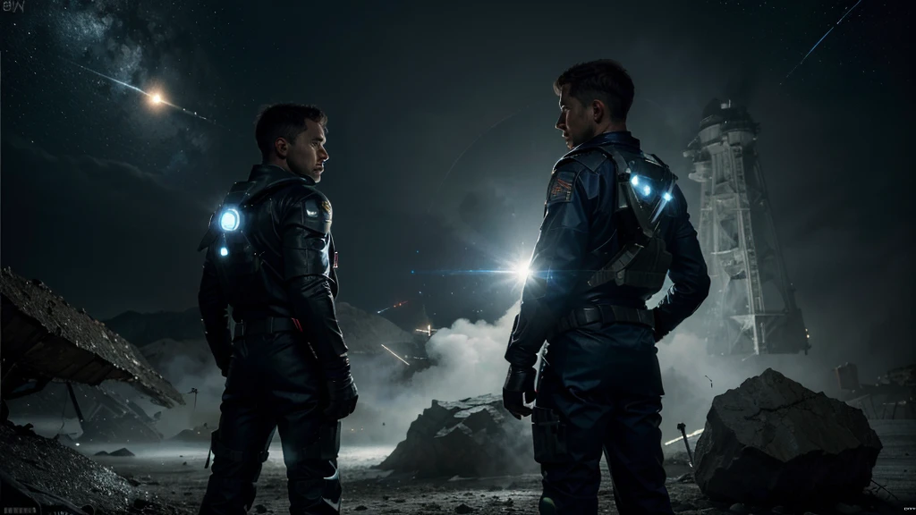 (Masterpiece: 1.3), (8k, realistic, RAW photo, best quality: 1.4),a space solider, euip nova suit, fighting to unknown creatures, the viewer looking his frim his back and solider have a plasma gun, the surrounding area is under the spaceship
