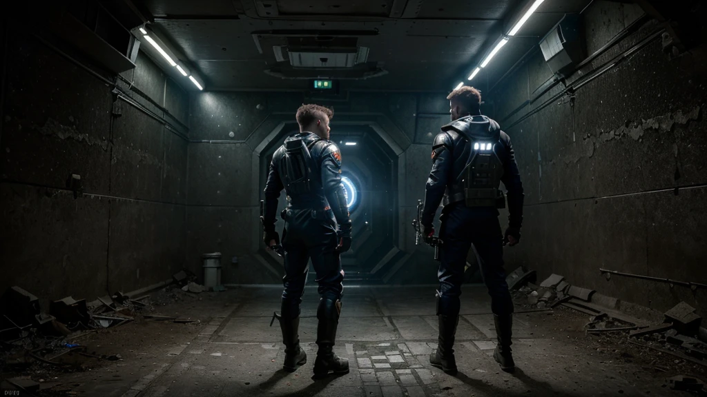 (Masterpiece: 1.3), (8k, realistic, RAW photo, best quality: 1.4),a space solider, euip nova suit, fighting to unknown creatures, the viewer looking his frim his back and solider have a plasma gun, the surrounding area is under the spaceship
