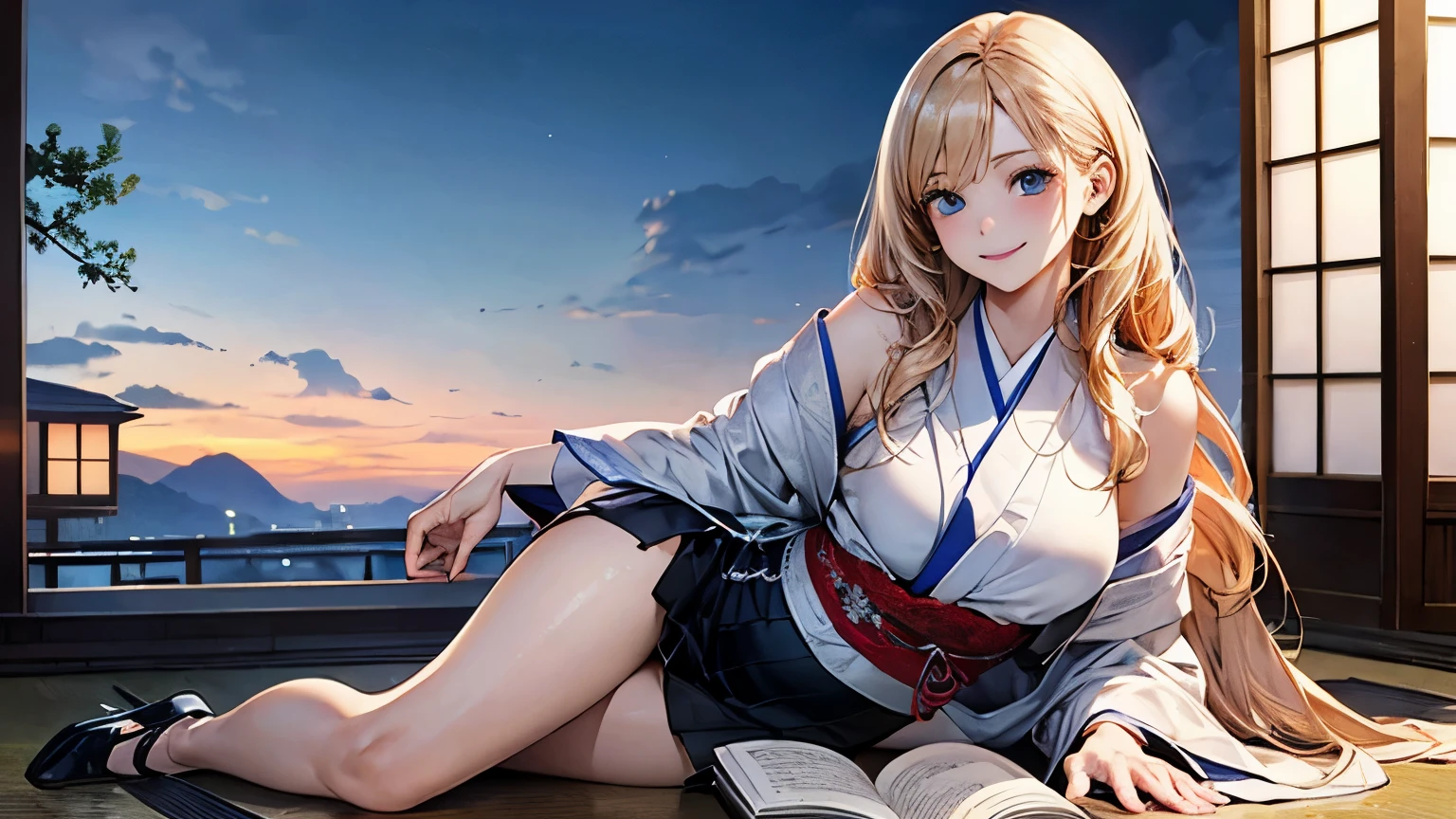 ((((, , Perfect Anatomy, Highly detailed skin)))), 1 girl, Japanese, 30 years old, White skin, Shiny skin, Big Breasts:0.5, Take in the view, (smile:1.5),
Beautiful fine details, (Mid-length hair:1.1, Half Up:1.5), Blonde Hair, blue eyes, Pink Lips, Baby Face, Japanese Clothing,
(Beautiful views),
(8k, highest quality, Masterpiece, Super detailed, ), (Realistic), figure, Cinema Lighting,Reading a book、whole body,mini skirt