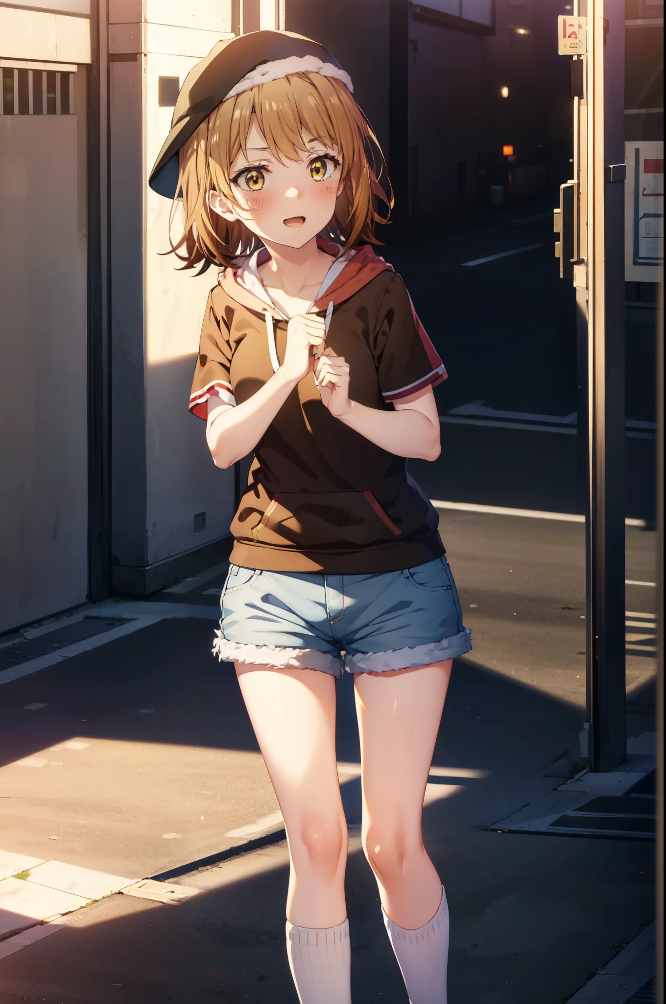 irohaisshiki, iroha isshiki, short hair, Brown Hair, (Brown eyes:1.5), happy smile, smile, Open your mouth,blush,Applejack Hat,Black hoodie,Short sleeve,The front is free,Shorts,Black knee socks,short boots,Looking down from above,whole bodyがイラストに入るように,Daytime,Clear skies,
break looking at viewer,whole body,
break outdoors, In town,Building district,
break (masterpiece:1.2), highest quality, High resolution, unity 8k wallpaper, (shape:0.8), (Beautiful and beautiful eyes:1.6), Highly detailed face, Perfect lighting, Highly detailed CG, (Perfect hands, Perfect Anatomy),