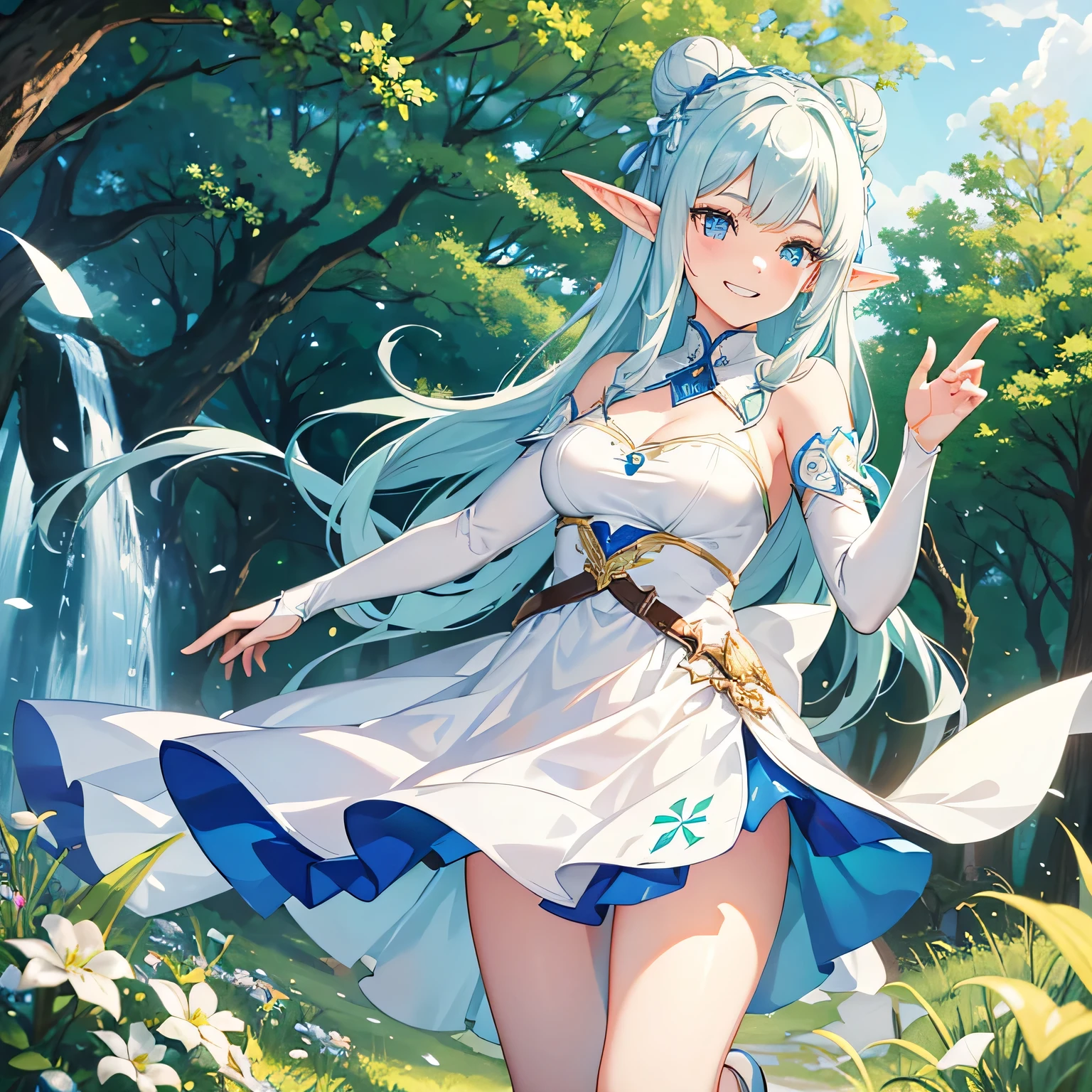 Grinning elf woman, elf ears, white space buns hair, beautiful detailed blue eyes, sharp tooth, white princess dress, hair bow, beautiful forest background, girlfriend pose, 4k