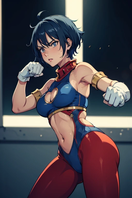 (best quality,masterpiece,ultra highres,cel anime,8k:1.2),(1man:1.5),1mature woman in(short blue haired,30years old), BREAK (dark ruin:1.3),(abs:0.8), BREAK (blue leotard in red line:1.3), BREAK (red yoga pants:1.3), BREAK (white gloves:1.4), BREAK (navel cutout:1.5),(sweat:1.2),(sholder bare), BREAK (selious,scowl:1.2),(fighting stance:1.4),(punching,rushpunch:1.4),
