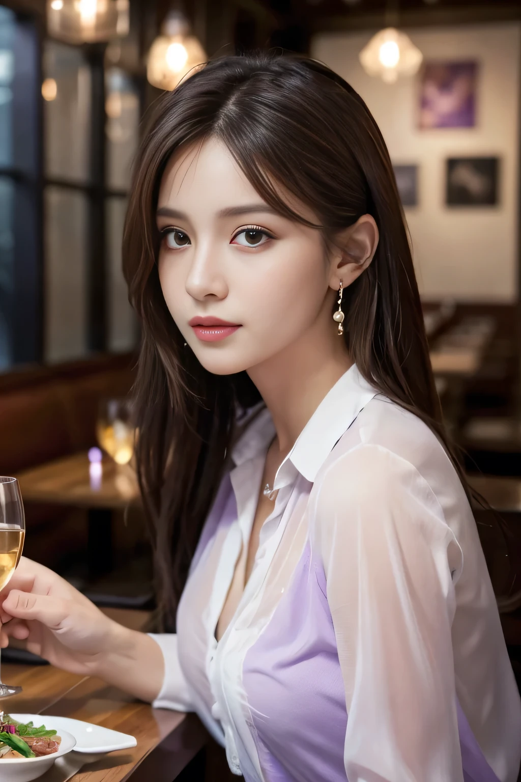 masterpiece, highest quality, Realistic, Very detailed, Finer details, High resolution, 8k wallpaper, One beautiful woman, Wear a light purple see-through shirt, In a great restaurant, At night, Light brown messy hair, Perfect dynamic composition, Beautiful and beautiful eyes、Big earrings