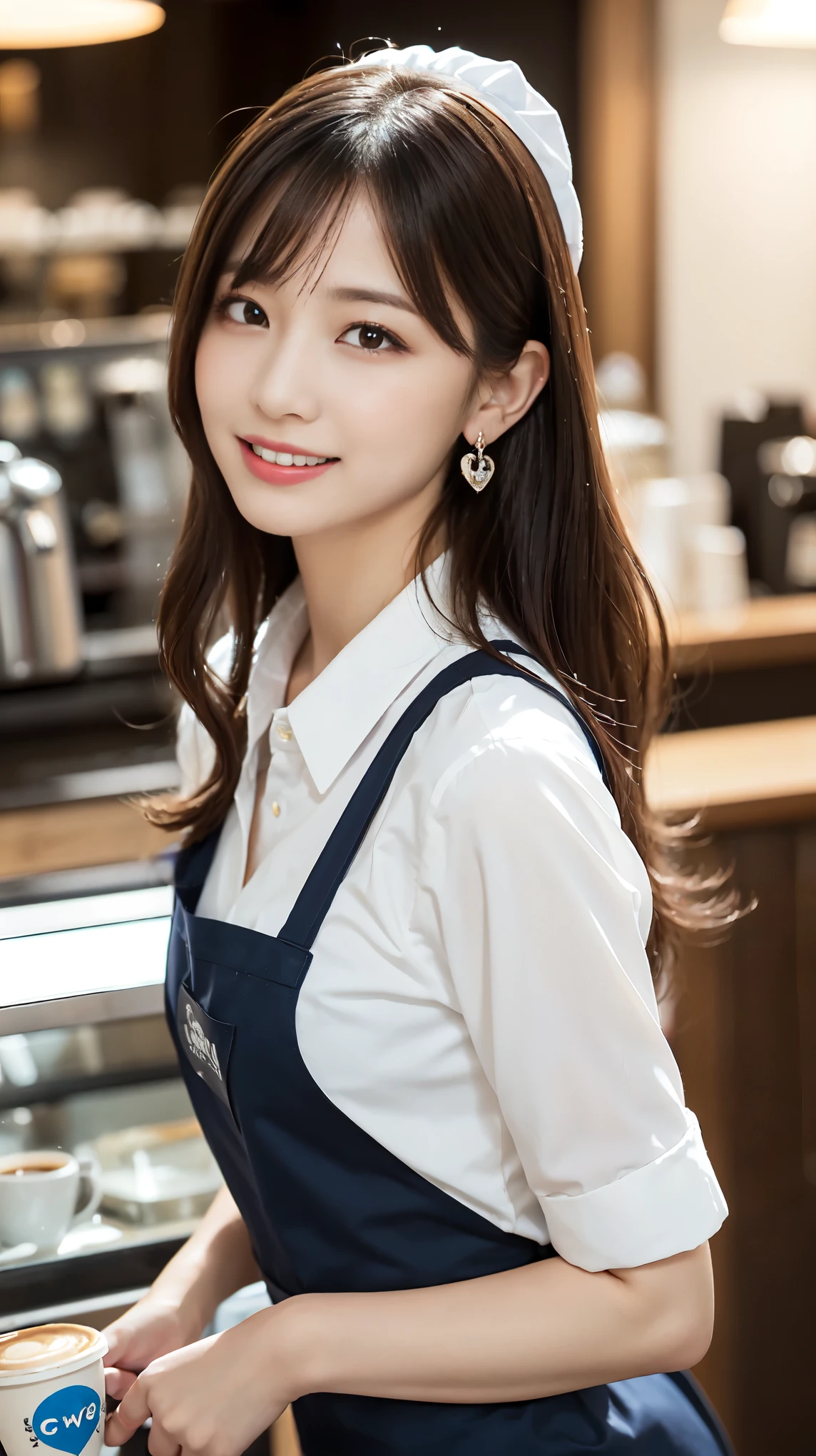 Graceful features,Glowing Skin,girl,The only person,Barista,Watery eye,Glowing Eyes,smile,Long white hair,Brown haired,Wave Head,Heart-shaped hair ornament,bracelet,collar,Hoop Earrings,Workplace uniforms,apron,Fast Food Uniforms,Facing the audience,Holding a mug,Coffee shop,BREAK ceremony,((Random sexy poses、put in、Deep joy, Ecstatic eyes:1.2)), ((I gasp hard:1.2))、Ecstatic face、Climax expression, Through clenched teeth、My whole body is convulsing、Official Art,Highly detailed CG Unity 8k wallpaper, (masterpiece:1.0),(highest quality:1.0), photo shoot, 8k, Browsing Caution, High resolution, Kodak Portrait 400, Film Grain, Lens flare brilliance,Very low camera angle, View your viewers