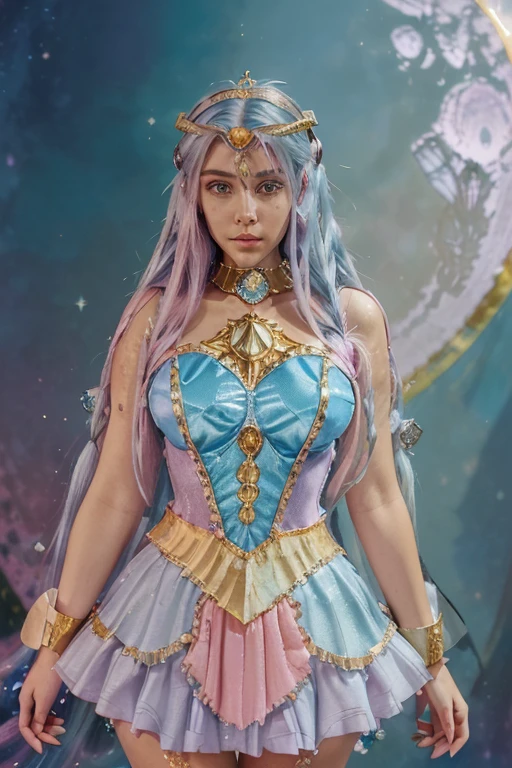 femme((Surrounded by the Moon beams)) in side a Crater ((eyes open)) wearing an armour dress with galaxies on the surface ((holding a pink owl with green eyes. Yellow short beak. ((Is a girl with long teal mix blue hair and pink oyster diamond covered hairclips in her hair))(( full body) sailor moon, buste moyent et couvert, uniforme sailor moon, kawaii, cheveux rose, bleu, mauve en pastel très long, christal castle, vibrant avec 4 longues aile d'ange dans le dos, immense sceptre argenté, huge gold crystal, silver crown on the head