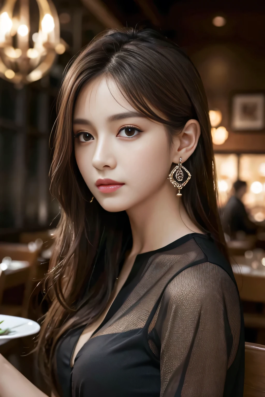 masterpiece, highest quality, Realistic, Very detailed, Finer details, High resolution, 8k wallpaper, One beautiful woman, Wear a black see-through shirt, In a great restaurant, At night, Light brown messy hair, Perfect dynamic composition, Beautiful and beautiful eyes、Big earrings