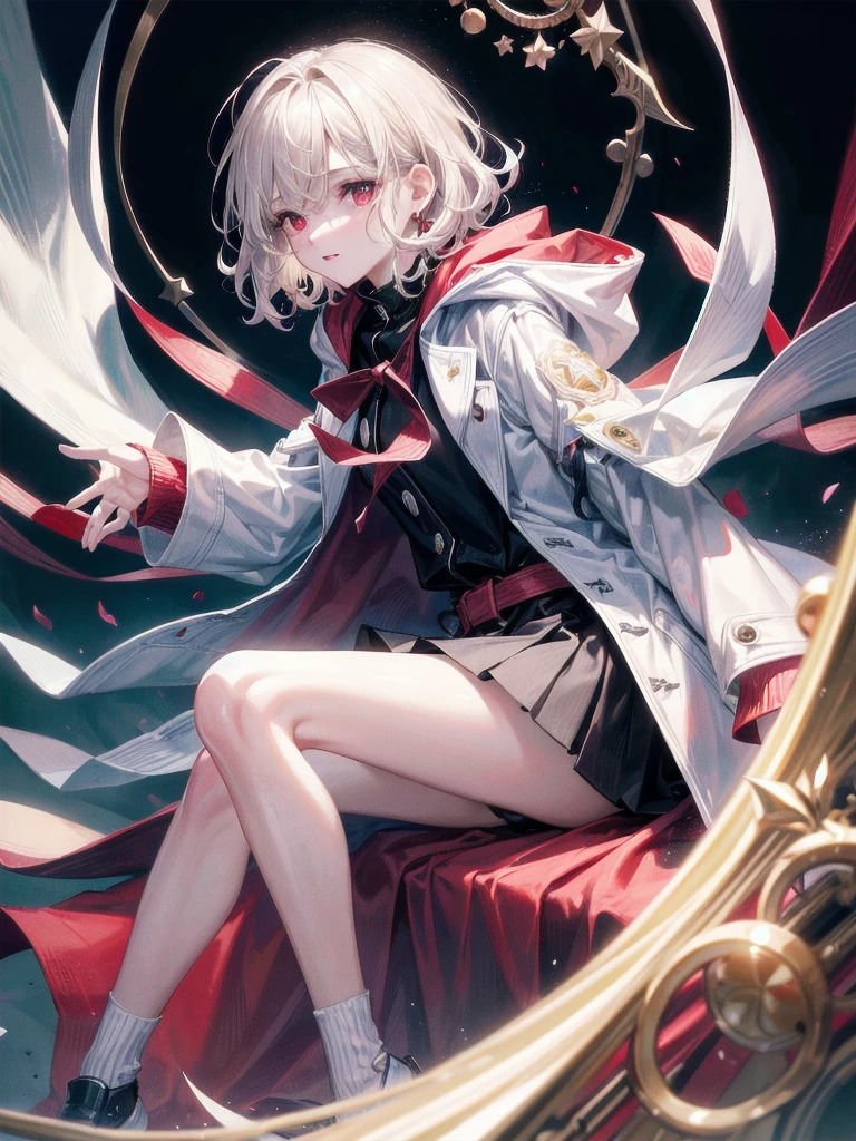 duffle coat, absurdres, RAW photo, extremely delicate and beautiful, masterpiece, Best Quality, ultra high resolution, 32k, hyperrealistic, ultra-detailed, detailed description, pale skin, 20 years old, tearful mole, earring, short medium hair, wavy hair, whole body shot, legs, Red eyes,
