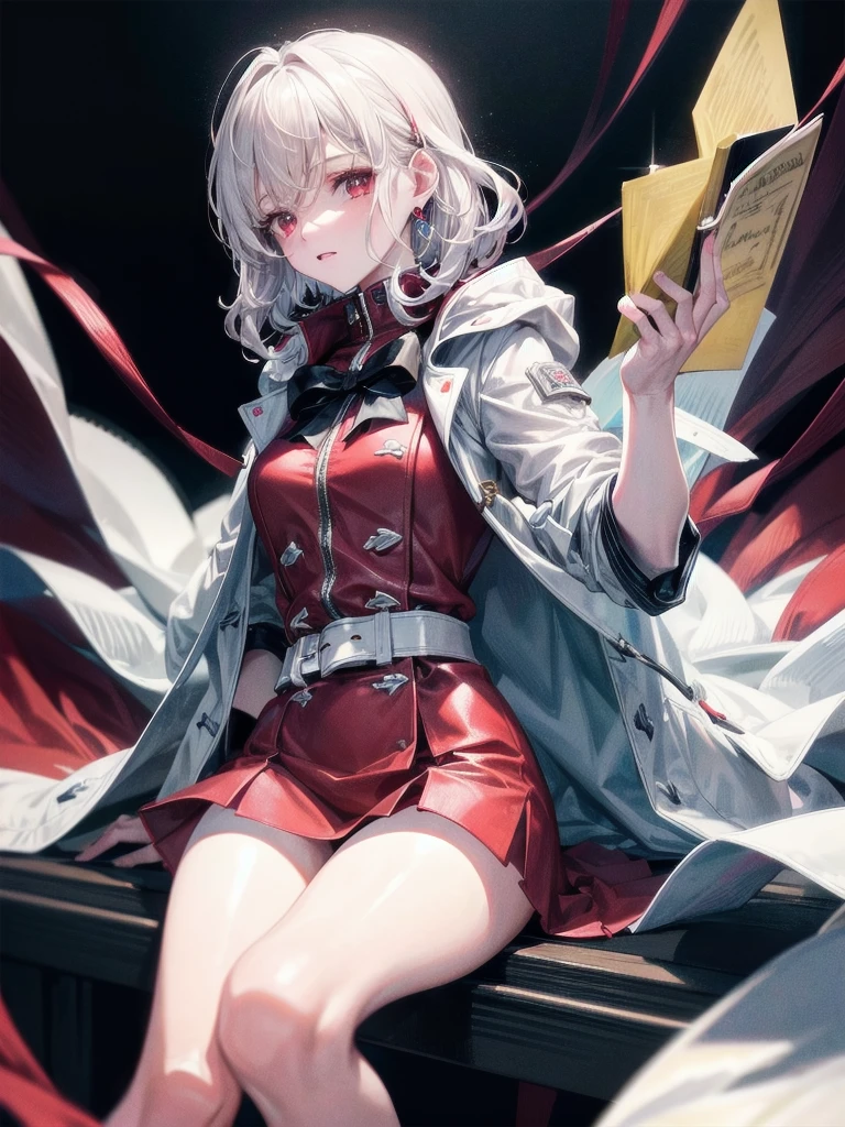 duffle coat, absurdres, RAW photo, extremely delicate and beautiful, masterpiece, Best Quality, ultra high resolution, 32k, hyperrealistic, ultra-detailed, detailed description, pale skin, 20 years old, tearful mole, earring, short medium hair, wavy hair, whole body shot, legs, Red eyes,