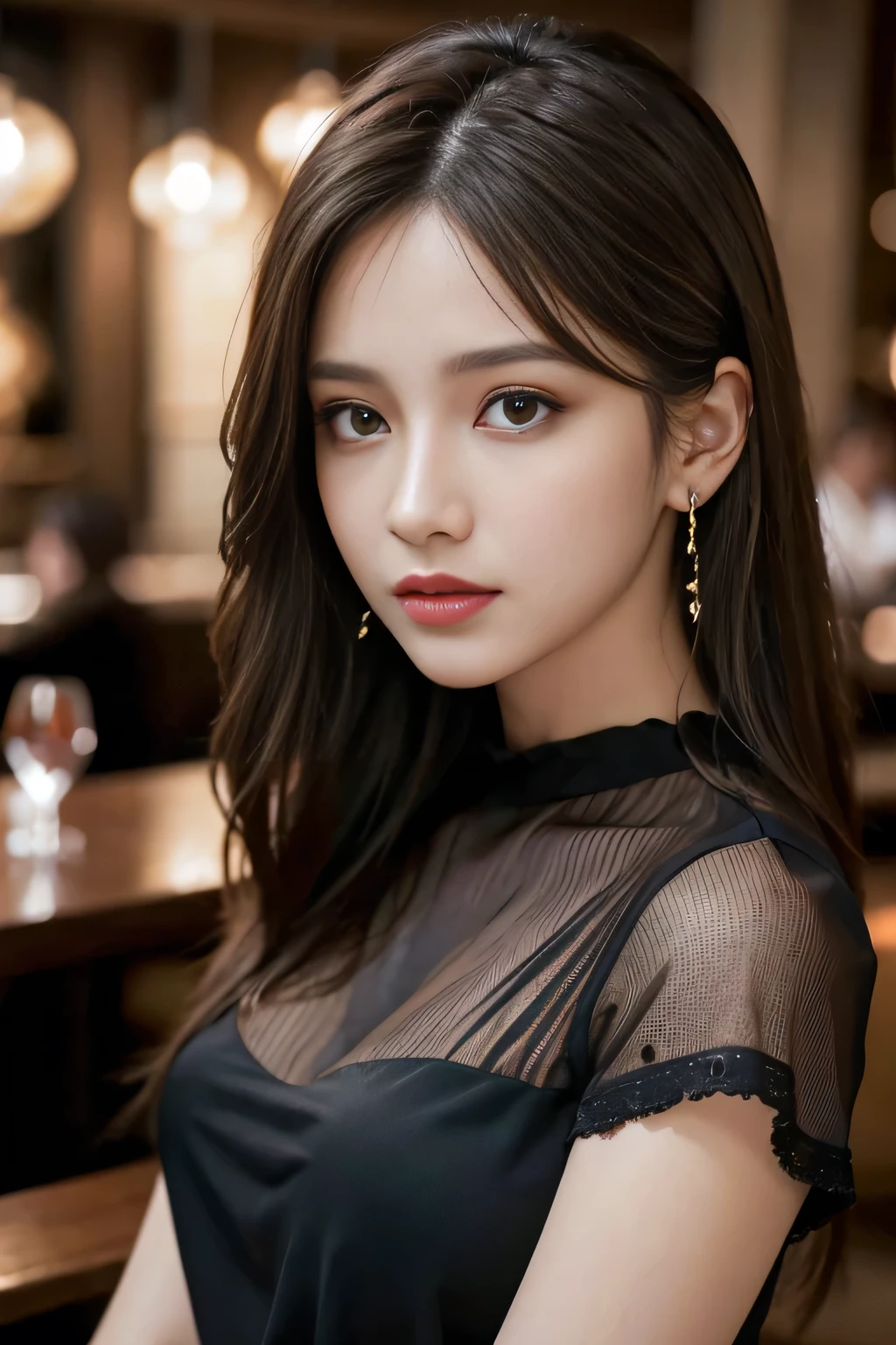 masterpiece, Highest quality, Realistic, Very detailed, Finer details, High resolution, 8k wallpaper, One beautiful woman, Wear a black see-through shirt, In a great restaurant, At night, Light brown messy hair, Perfect dynamic composition, Beautiful and beautiful eyes、Big earrings