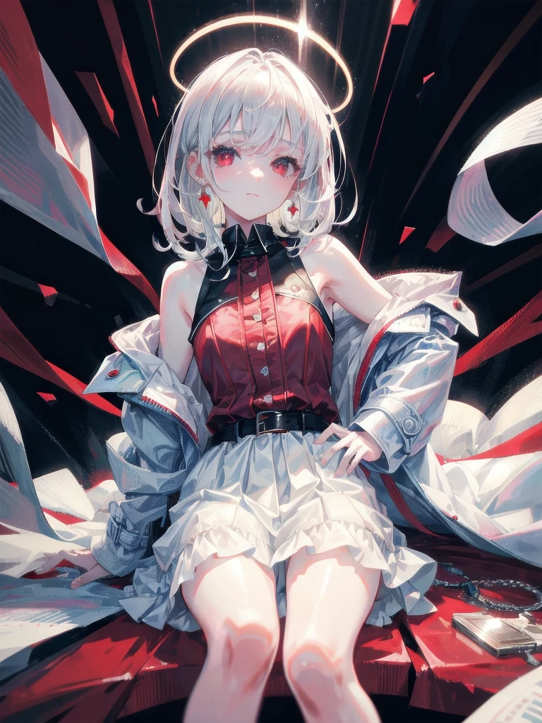duffle coat, absurdres, RAW photo, extremely delicate and beautiful, masterpiece, Best Quality, ultra high resolution, 32k, hyperrealistic, ultra-detailed, detailed description, pale skin, 20 years old, tearful mole, earring, short medium hair, wavy hair, whole body shot, legs, Red eyes,
