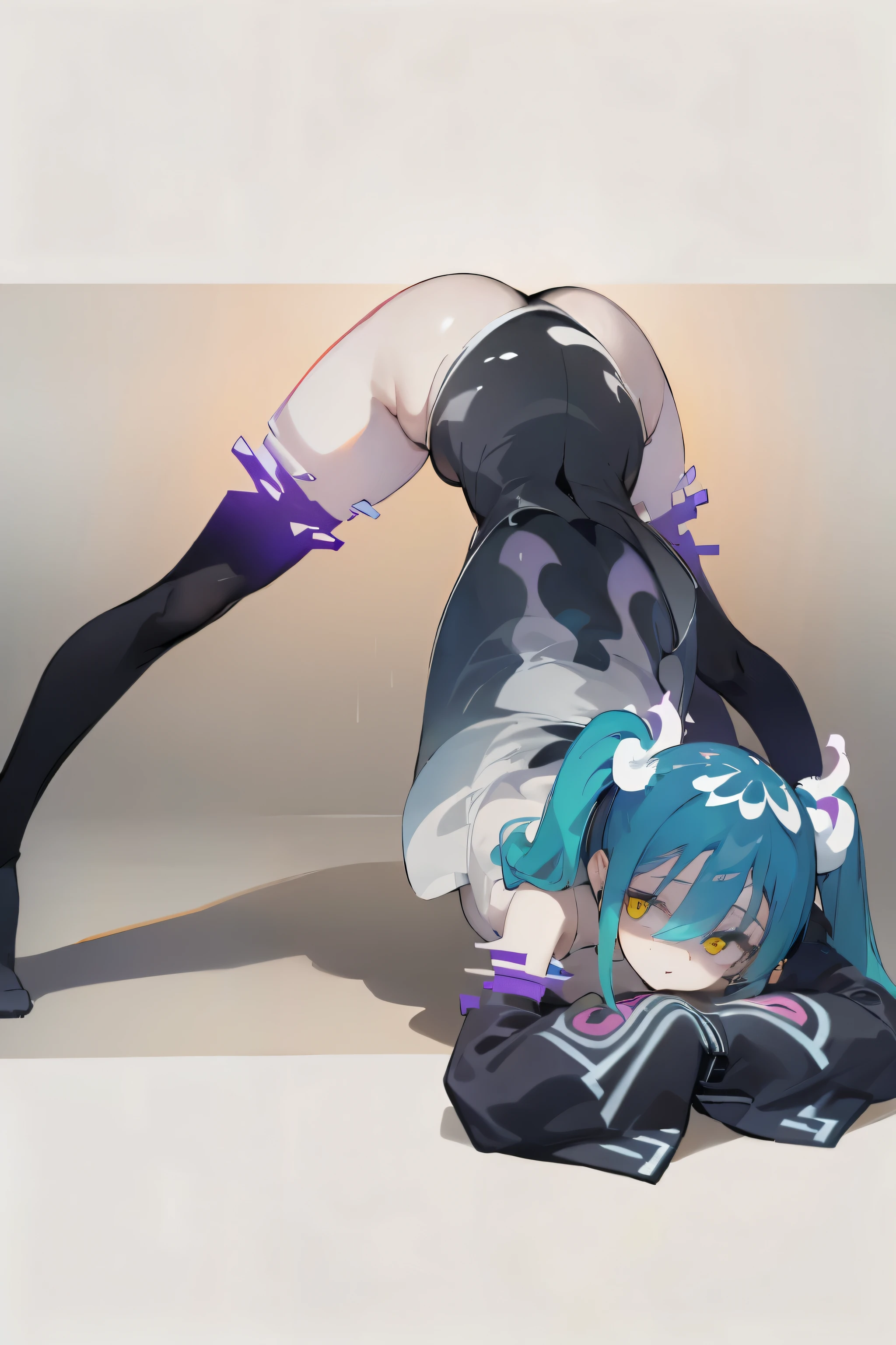 (best quality,4k,8k,highres,masterpiece:1.2), ultra-detailed,HDR, UHD, studio lighting, ultra-fine painting, sharp focus, physically-based rendering, extreme detail description, professional, vivid colors,1girl, ghostmiku13,mischevious expression, looking at viewer, hair between eyes, hair covering eyes, smile, tongue out, yellow eyes, grey skirt, sleeveless dress, oversized sleeves, big sleeves, long sleeves, see-through skirt, black thighhighs, sfw, jack-o' challenge, flexible, spread legs, top-down bottom-up, 