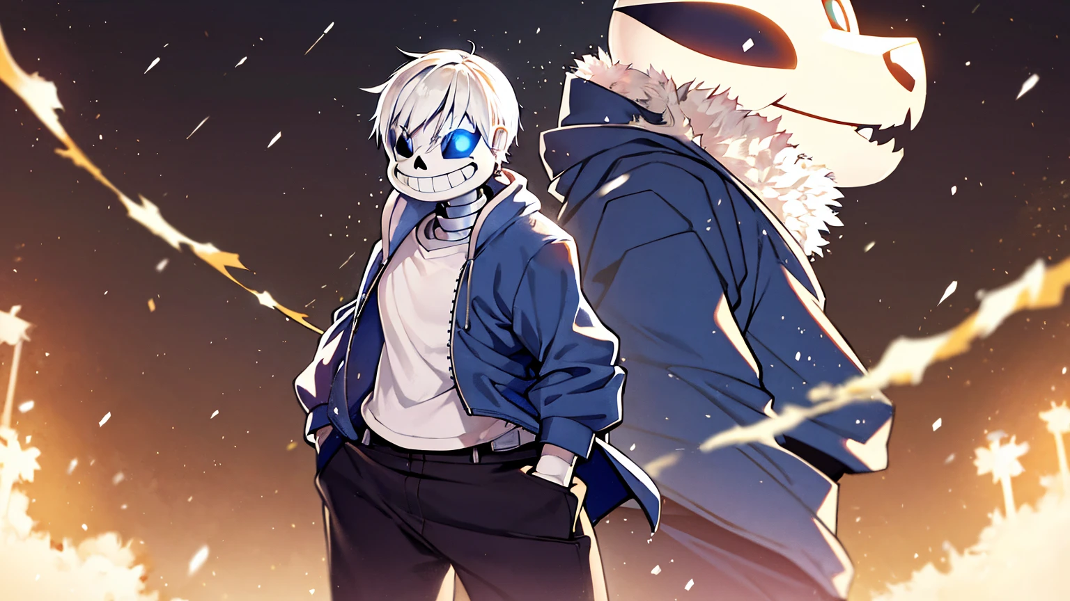 Toby Fox Undertale Sans blue jacket white shirt,Fire eyes, skull, smile, white short hair, glowing sexy keel cannon, standing in the snow town, big breast breast enlargement full-body shot