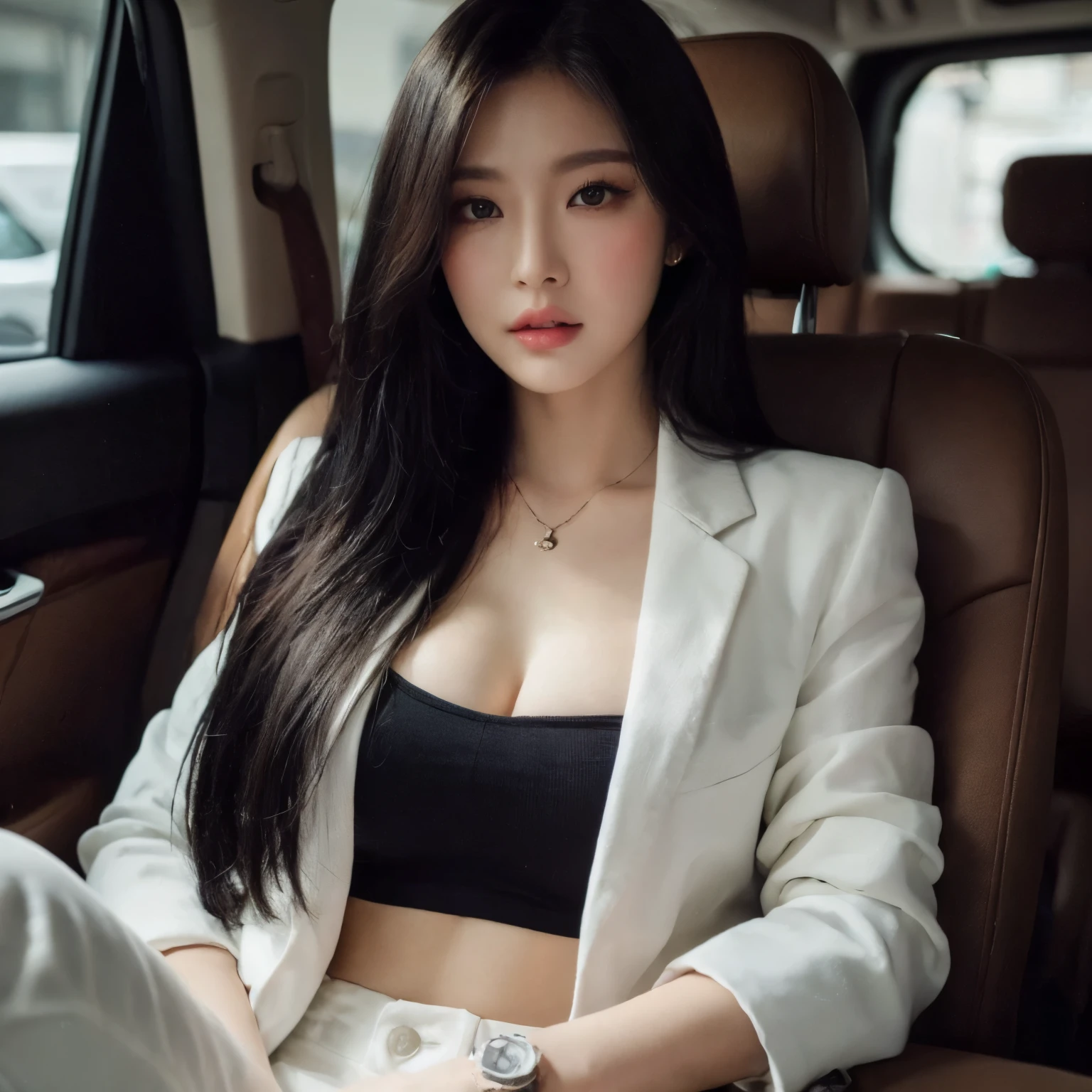 ((Realistic lighting, Best Quality, 8K, Masterpiece: 1.3)), Clear focus: 1.2, Perfect Body Beauty: 1.4, a young woman, long black hair, black crop top, white blazer, white pants, pink lips, eyeshadow, background in the car, wearing a necklace and watch, Asian woman, career woman, realistic, ultra HD, Super Fine Face, Fine Eyes, Double Eyelids, Curly Hair, ((Perfect Fingers, Perfect Eyes))