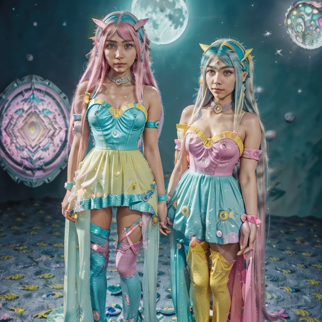 ,((Surrounded by the Moon beams)) in side a Crater ((eyes open)) wearing an armour dress with galaxies on the surface ((holding a pink owl with green eyes. Yellow short beak. ((Is a girl with long teal mix blue hair and pink oyster diamond covered hairclips in her hair))(( full body)