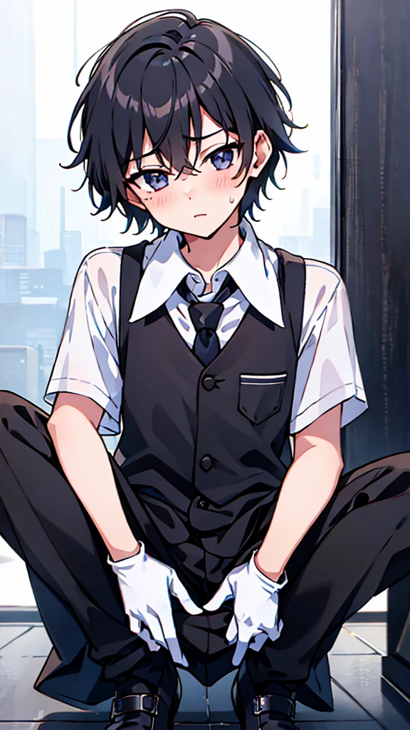 16-year-old boy，cute，Wear a white short-sleeved shirt and a black work tie，Wear black pants，Wear black booties，Wear white gloves，Black hair，Black eyes，blush，sweat，shy，little porn，Close-up photo