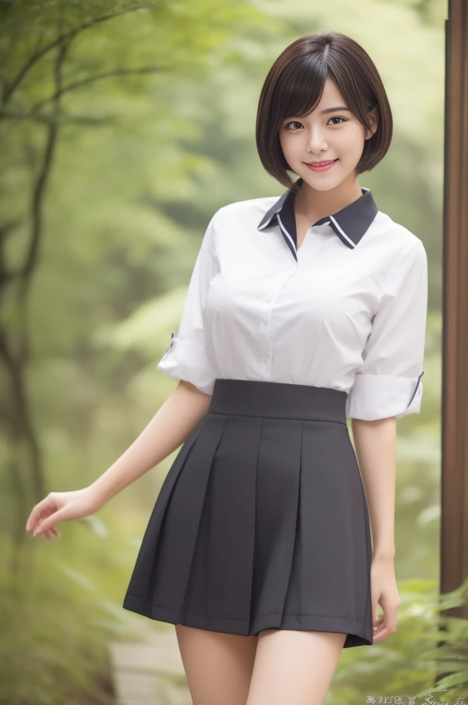 (Practical:1.5,Dynamic poses:1.7、healthy body、delicate skin),21 years old,transparent,Sexyなポーズ,Perfect anatomical structure,Beautiful Body,Large Breasts、Plump body,Cute face,Pretty Face,Double eyelids,Smile,Naughty look,short hair,Black Hair,Iris,From the front,forest,mystery,high quality,Practical,masterpiece,Very detailed,Japan,Beautiful woman,Gravure printing,fashionable,fashion model,Final Fantasy、charm:1.5、Collared shirt、Short skirt、Sexy:1.10、(())
