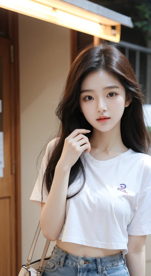 22 years old, pretty Korean female college student, Korean female idol singer Naeun. Cinematic light.