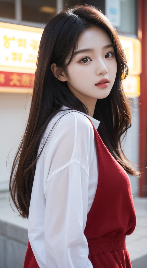 22 years old, pretty Korean female college student, Korean female idol singer Naeun. Cinematic light.