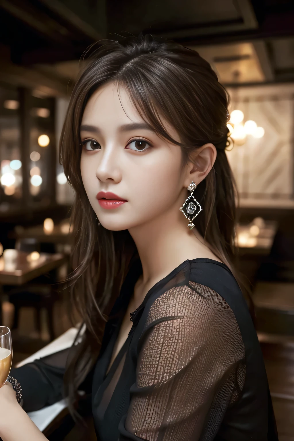 masterpiece, highest quality, Realistic, Very detailed, Finer details, High resolution, 8k wallpaper, One beautiful woman, Wear a black see-through shirt, In a great restaurant, At night, Light brown messy hair, Perfect dynamic composition, Beautiful and beautiful eyes、Big earrings