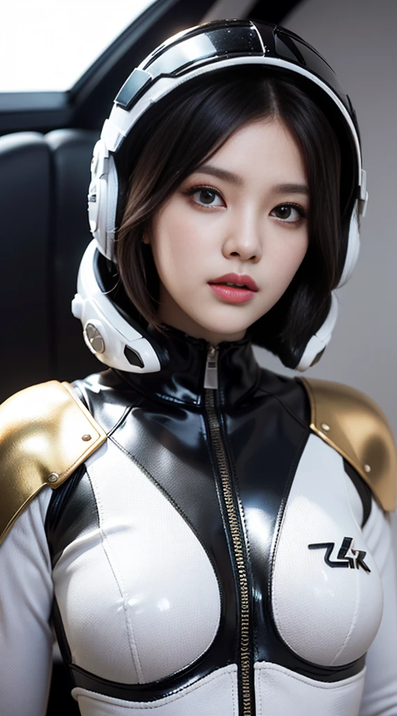 1 brunette, (White) (One-piece tight latex suit), (Space suit) ((Space Helmet))((White gloves), {{illustration}}, {Extreme sophistication and beauty}, {Exquisite makeup}, Extremely detailed, Sexy, Delicate and shining eyes, {{Movie Lighting}}, Extreme Light Effect, Model: realism, CFG scale: 12, Lola: Bright texture (1.35), high quality, masterpiece, Exquisite facial features, Delicate hair depiction, Delicate eye expression, masterpiece, best quality, Ray Tracing, Extremely detailed CG unity 8k wallpaper, masterpiece, best quality