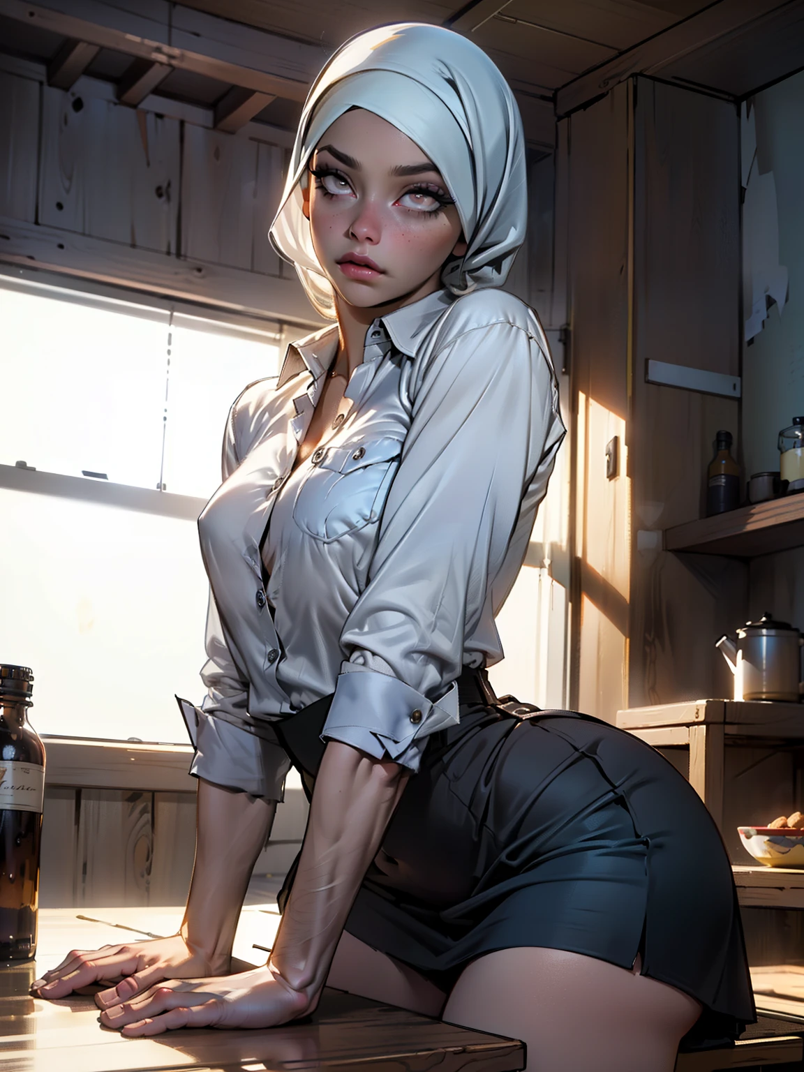 ((Masterpiece, best quality, photography, detailed skin, realistic, photo-realistic, 8k, highly detailed, full length frame, High detail RAW color art, diffused soft lighting, shallow depth of field, sharp focus, hyperrealism, cinematic lighting, hijab, a woman, mature, beautifully makeup, bold eyeshadow, beautiful big eyes, brown eyes, long eye lashes, saggy breast, medium breast, wide hips, loosely shoulder unbutton shirt, ((gray satin shirt)), Taupe satin long maxi skirt, unbutton shirts, curves, standing split, on table, spread legs, folding legs, cum in pussy 
