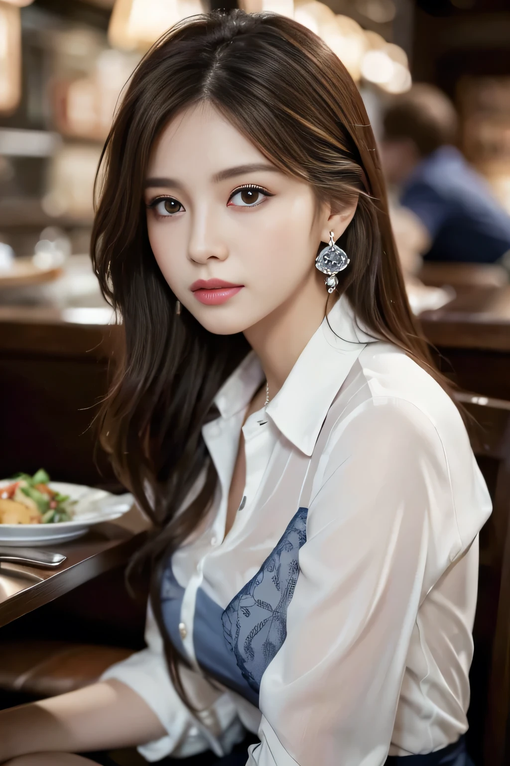 masterpiece, highest quality, Realistic, Very detailed, Finer details, High resolution, 8k wallpaper, One beautiful woman, Wear a navy blue see-through shirt, In a great restaurant, At night, Light brown messy hair, Perfect dynamic composition, Beautiful and beautiful eyes、Big earrings