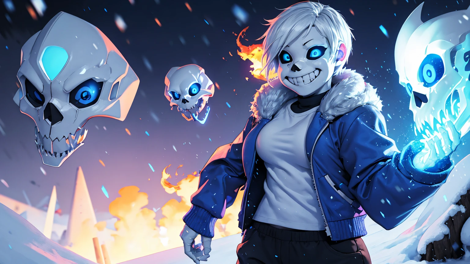 Toby Fox Undertale Sans blue jacket white shirt,Fire eyes skull smile white short hair glowing sexy keel cannon one standing in the snow town Super big breasts breast enlargement looking at the camera illustration, ultra-detailed, HDR, vibrant colors, soft lighting