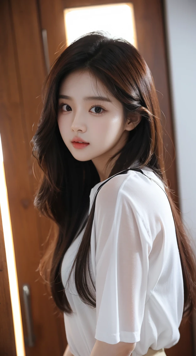 22 years old, pretty Korean female college student, Korean female idol singer Naeun. Cinematic light.
