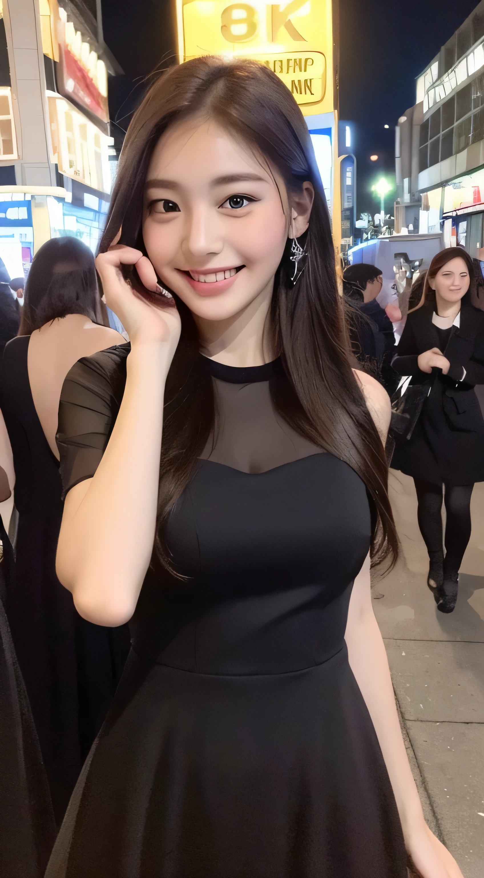 ((Best quality, 8k, Masterpiece :1.3)), 1girl, smiling, full body, slim face, Pretty woman, (Dark brown hair), full length dress :1.1, Ultra-detailed face, Detailed eyes, Double eyelid, blur background, slim face, city, outside, street,