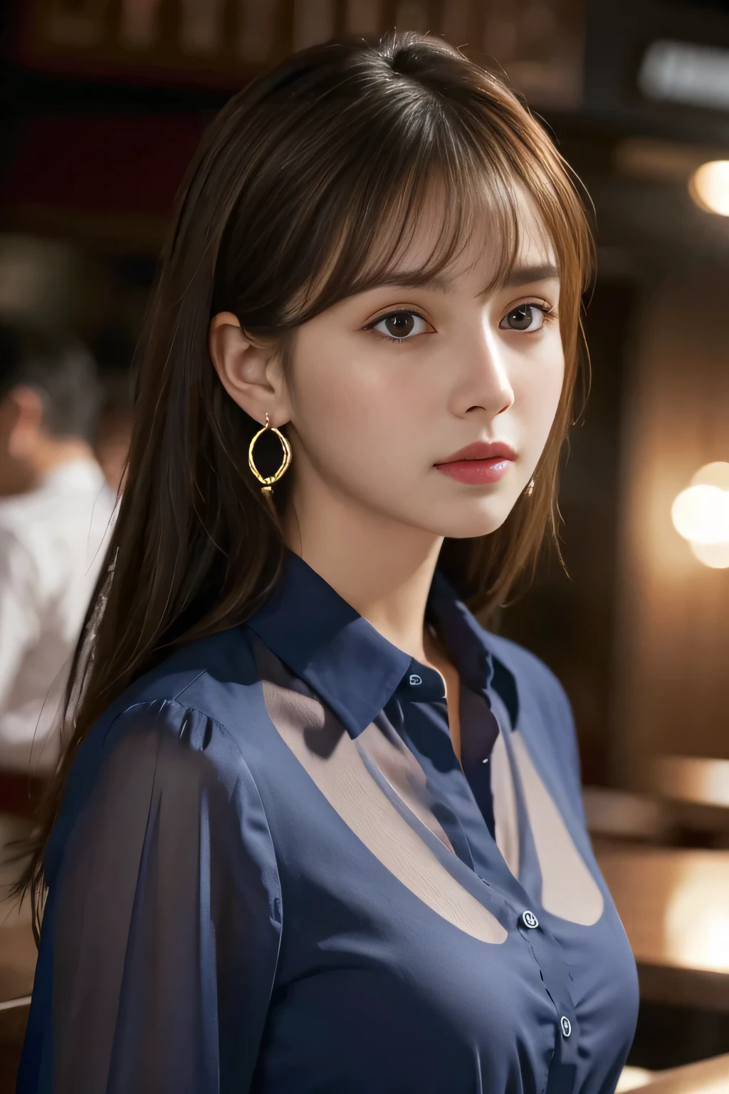 masterpiece, highest quality, Realistic, Very detailed, Finer details, High resolution, 8k wallpaper, One beautiful woman, Wear a navy blue see-through shirt, In a great restaurant, At night, Light brown messy hair, Perfect dynamic composition, Beautiful and beautiful eyes、Big earrings
