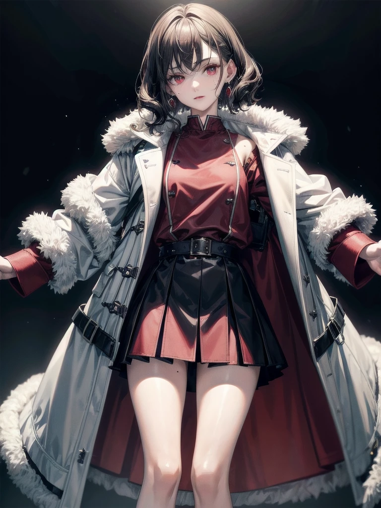 duffle coat, absurdres, RAW photo, extremely delicate and beautiful, masterpiece, Best Quality, ultra high resolution, 32k, hyperrealistic, ultra-detailed, detailed description, pale skin, 20 years old, tearful mole, earring, short medium hair, wavy hair, whole body shot, legs, Red eyes,