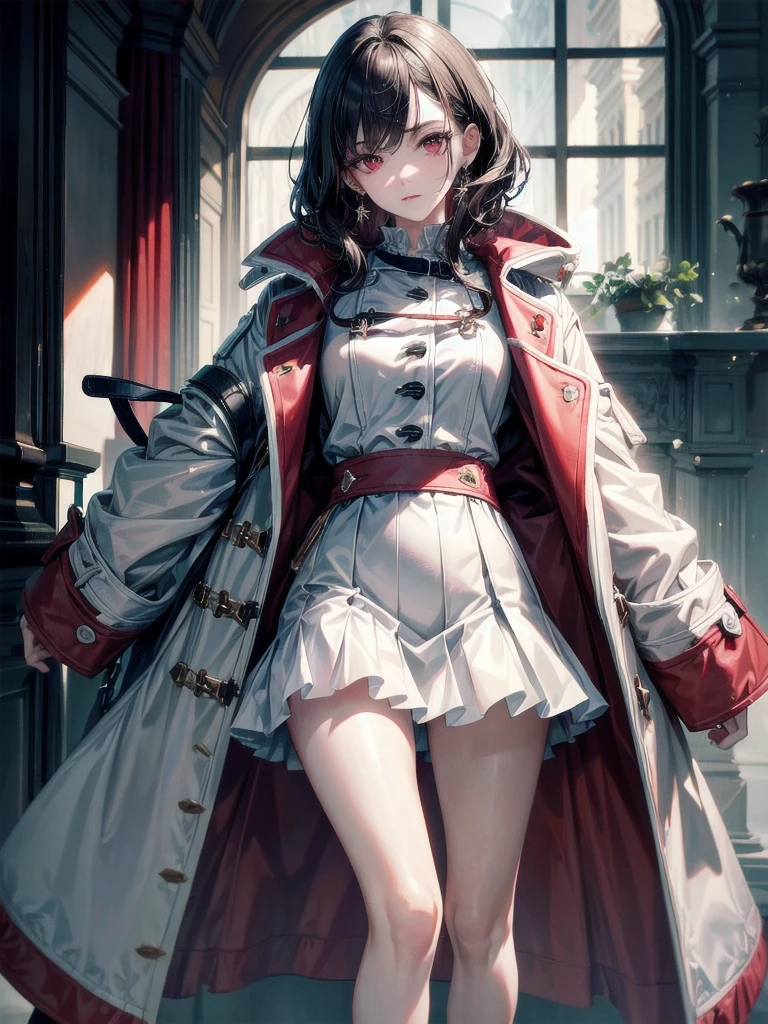 duffle coat, absurdres, RAW photo, extremely delicate and beautiful, masterpiece, Best Quality, ultra high resolution, 32k, hyperrealistic, ultra-detailed, detailed description, pale skin, 20 years old, tearful mole, earring, short medium hair, wavy hair, whole body shot, legs, Red eyes,