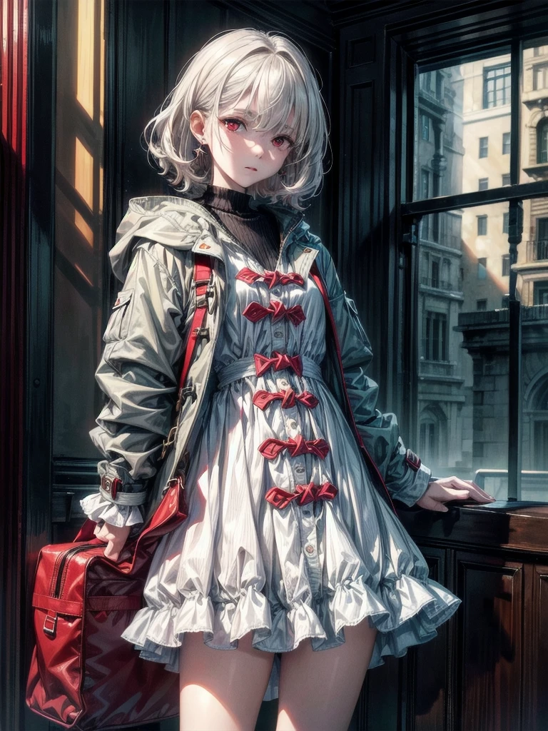 duffle coat, absurdres, RAW photo, extremely delicate and beautiful, masterpiece, Best Quality, ultra high resolution, 32k, hyperrealistic, ultra-detailed, detailed description, pale skin, 20 years old, tearful mole, earring, short medium hair, wavy hair, whole body shot, legs, Red eyes,