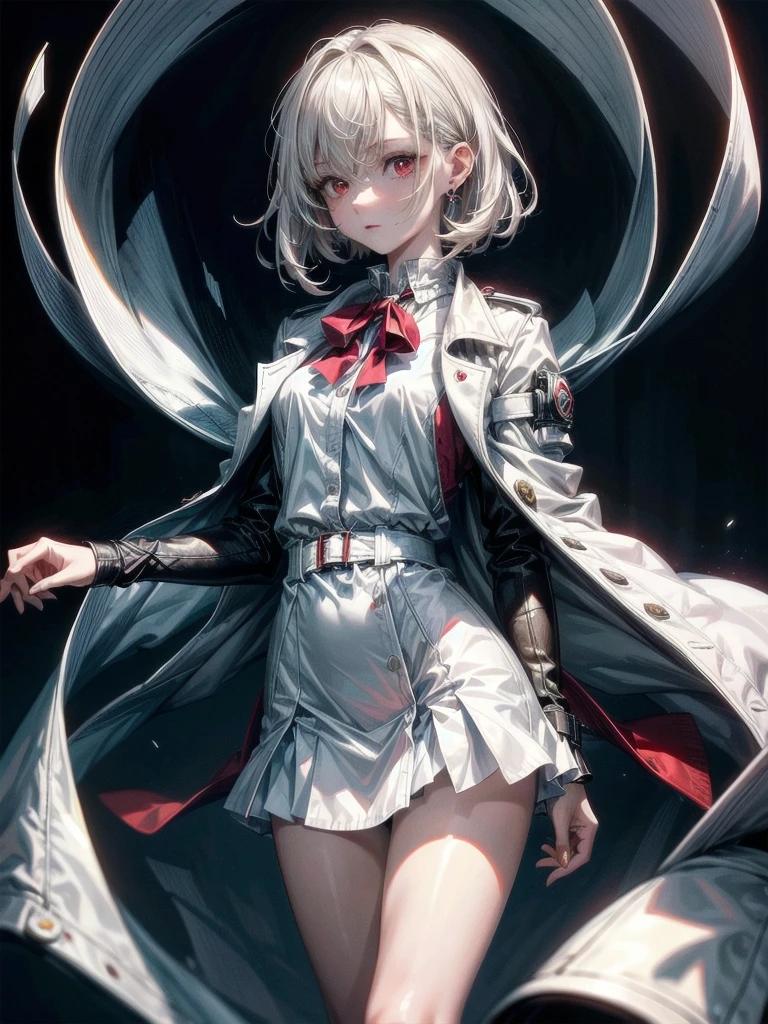 duffle coat, absurdres, RAW photo, extremely delicate and beautiful, masterpiece, Best Quality, ultra high resolution, 32k, hyperrealistic, ultra-detailed, detailed description, pale skin, 20 years old, tearful mole, earring, short medium hair, wavy hair, whole body shot, legs, Red eyes,