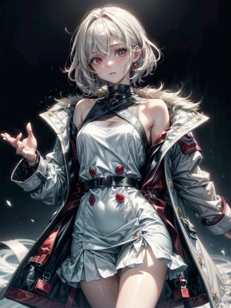 duffle coat, absurdres, RAW photo, extremely delicate and beautiful, masterpiece, Best Quality, ultra high resolution, 32k, hyperrealistic, ultra-detailed, detailed description, pale skin, 20 years old, tearful mole, earring, short medium hair, wavy hair, whole body shot, legs, Red eyes,