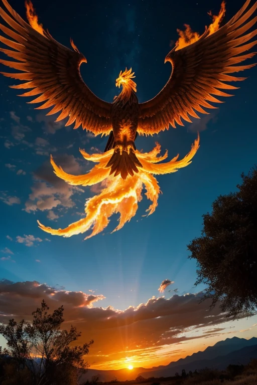 Un hermoso paisaje de un atardecer en las praderas, the mythological phoenix crossing the skies in the distance, ave de fuego y cenizas