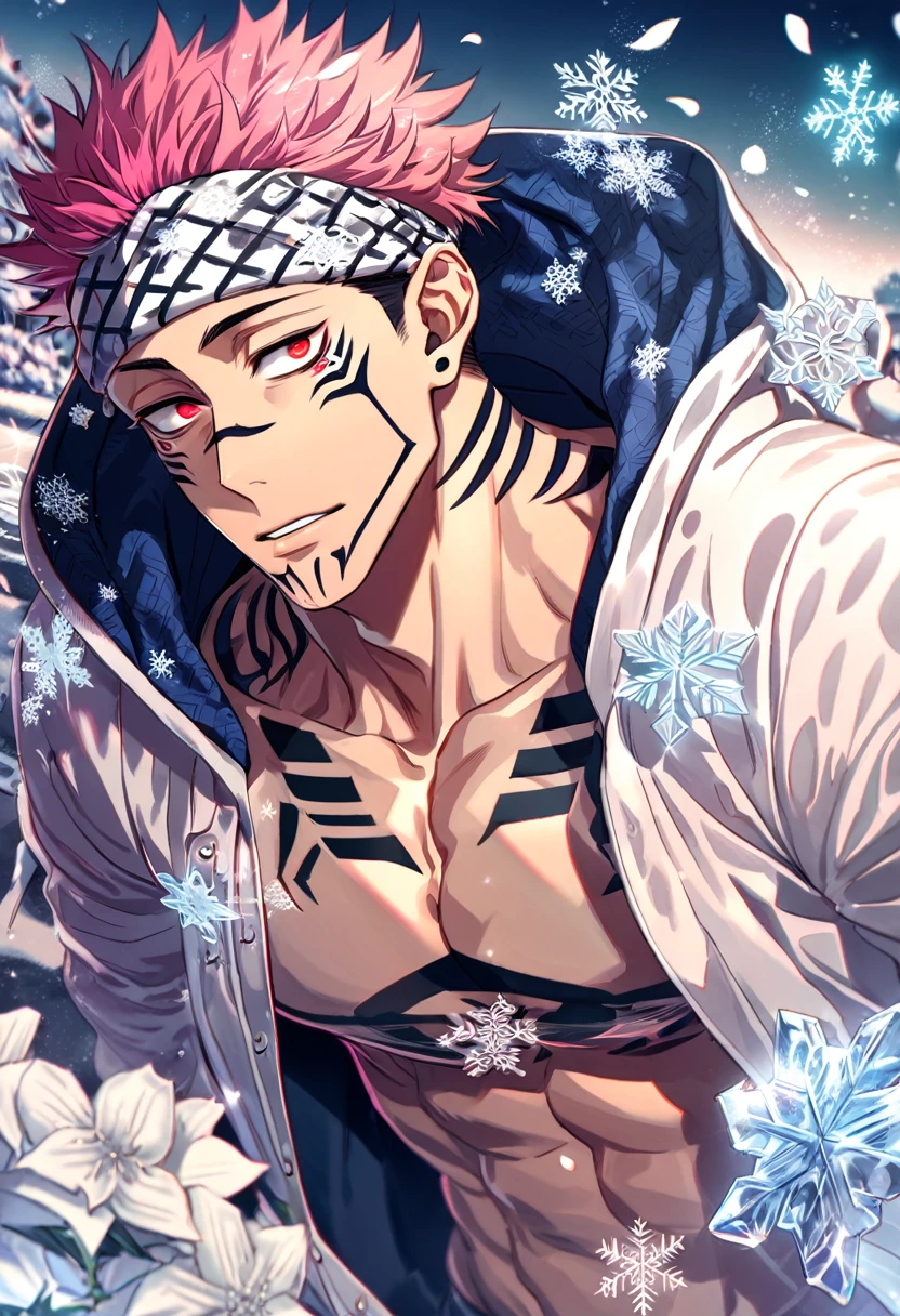 Ultra detailed, Highres, absurdres, HDR, Ryomen Sukuna, pink hair, expressive red eyes, white coat with patterns with a hoddie, Jujutsu Kaisen, white flowers, winter, ice, snowflakes, petals, handsome, sexy man, solo, very detailed eyes and face, ice butterflies, master piece, toned chest, glittering