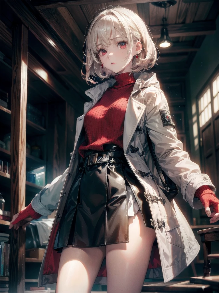 duffle coat, absurdres, RAW photo, extremely delicate and beautiful, masterpiece, Best Quality, ultra high resolution, 32k, hyperrealistic, ultra-detailed, detailed description, pale skin, 20 years old, tearful mole, earring, short medium hair, wavy hair, whole body shot, legs, Red eyes,