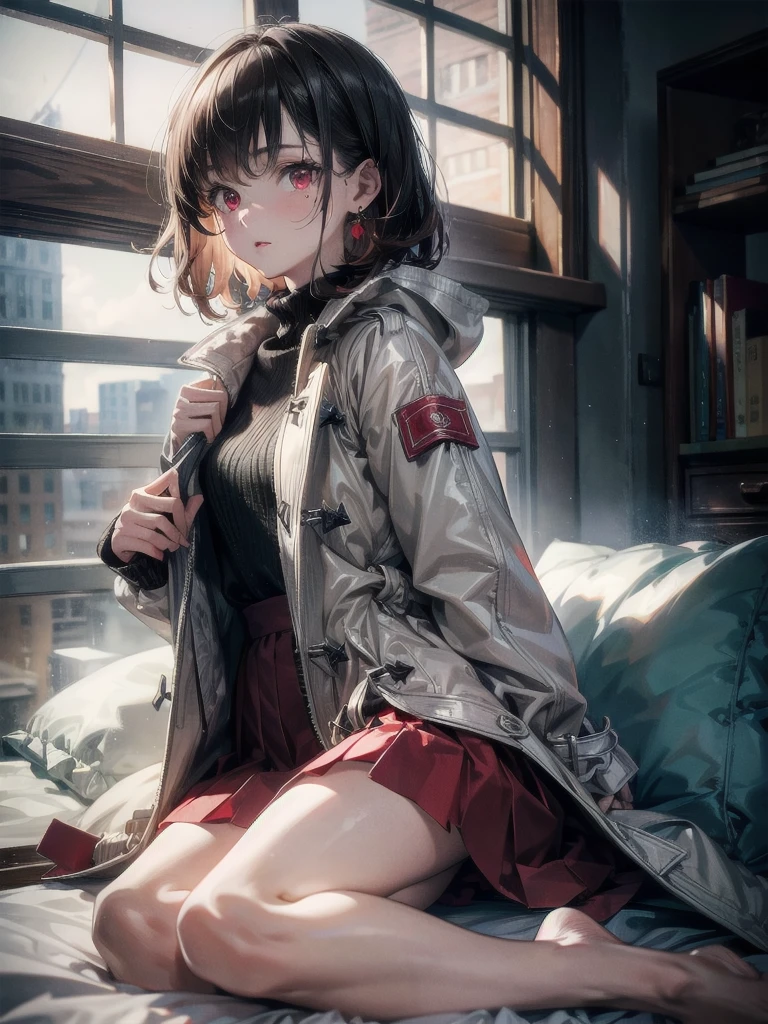 duffle coat, absurdres, RAW photo, extremely delicate and beautiful, masterpiece, Best Quality, ultra high resolution, 32k, hyperrealistic, ultra-detailed, detailed description, pale skin, 20 years old, tearful mole, earring, short medium hair, wavy hair, whole body shot, legs, Red eyes,