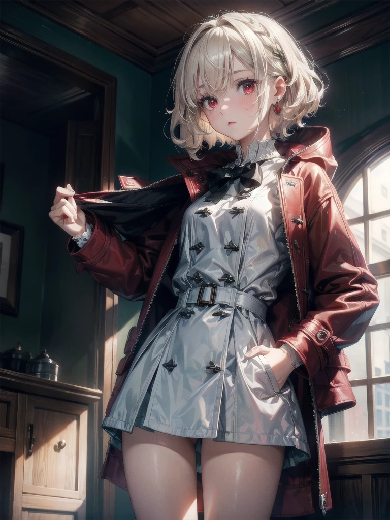 duffle coat, absurdres, RAW photo, extremely delicate and beautiful, masterpiece, Best Quality, ultra high resolution, 32k, hyperrealistic, ultra-detailed, detailed description, pale skin, 20 years old, tearful mole, earring, short medium hair, wavy hair, whole body shot, legs, Red eyes,