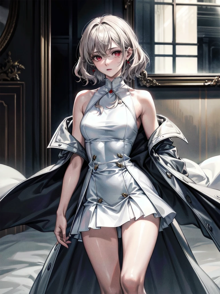 duffle coat, absurdres, RAW photo, extremely delicate and beautiful, masterpiece, Best Quality, ultra high resolution, 32k, hyperrealistic, ultra-detailed, detailed description, pale skin, 20 years old, tearful mole, earring, short medium hair, wavy hair, whole body shot, legs, Red eyes,