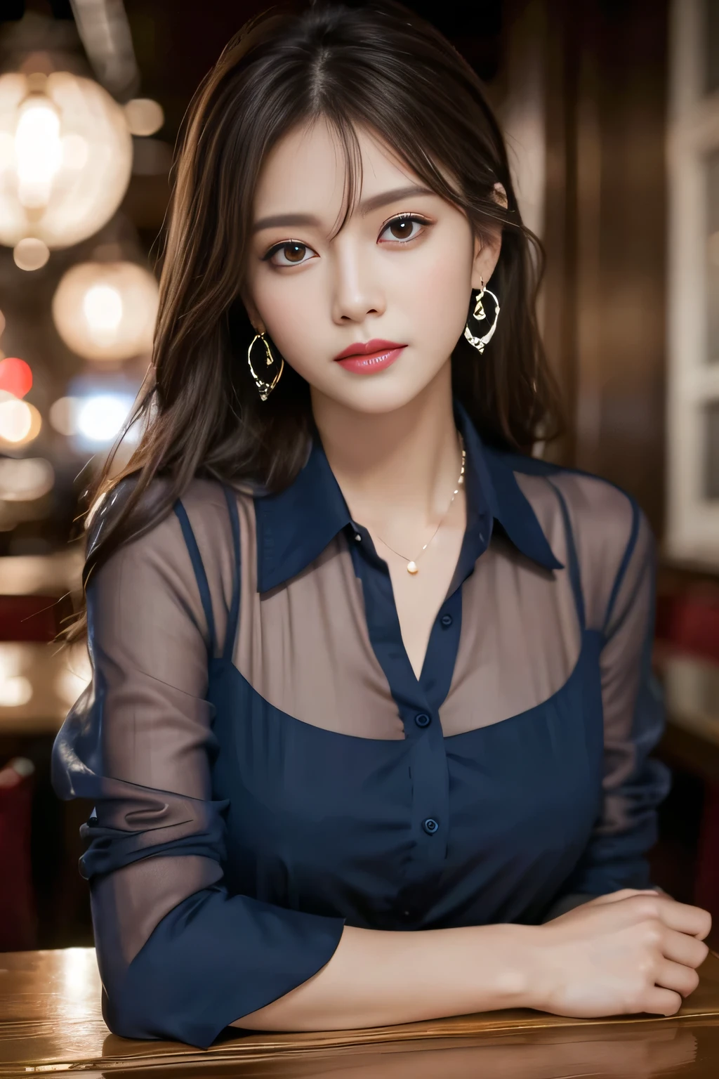 masterpiece, highest quality, Realistic, Very detailed, Finer details, High resolution, 8k wallpaper, One beautiful woman, Wear a navy blue see-through shirt, In a great restaurant, At night, Light brown messy hair, Perfect dynamic composition, Beautiful and beautiful eyes、Big earrings
